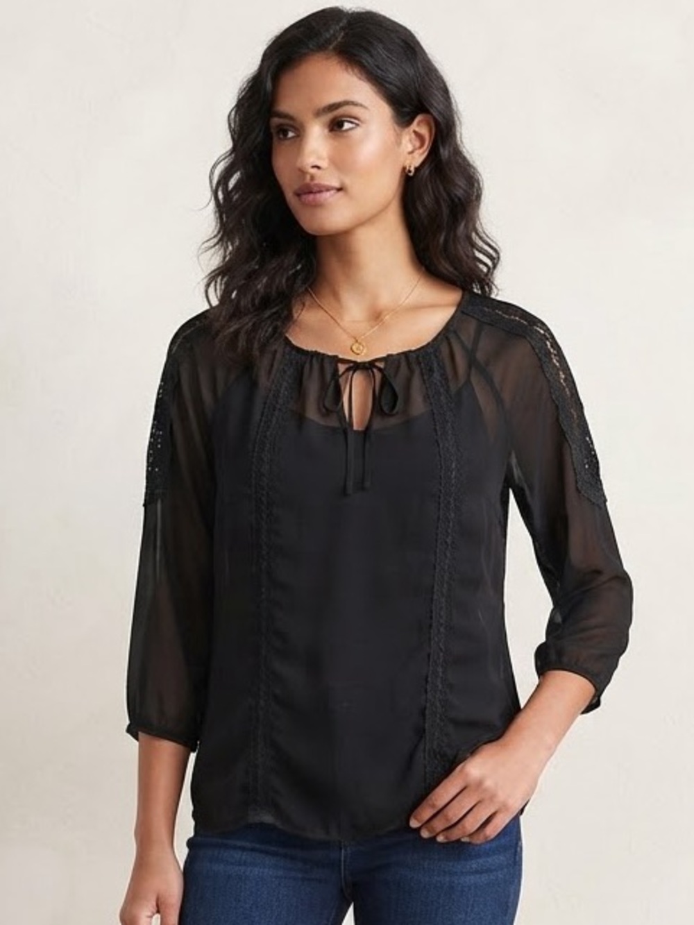 EXPRESS Sheer Chiffon Peasant Blouse with Lace Trim M 19.5” p2p Black EUC